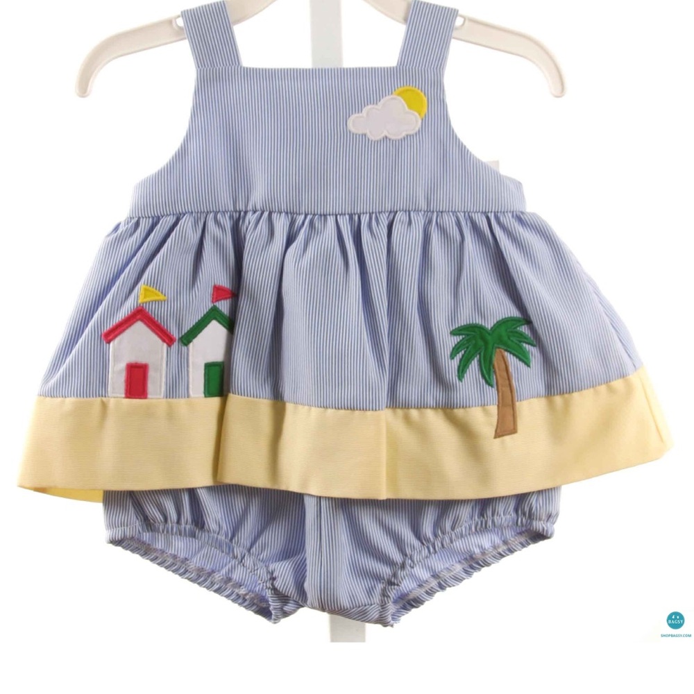 Florence Eiseman Blue Striped Romper with Beach Appliqués NWT 6M